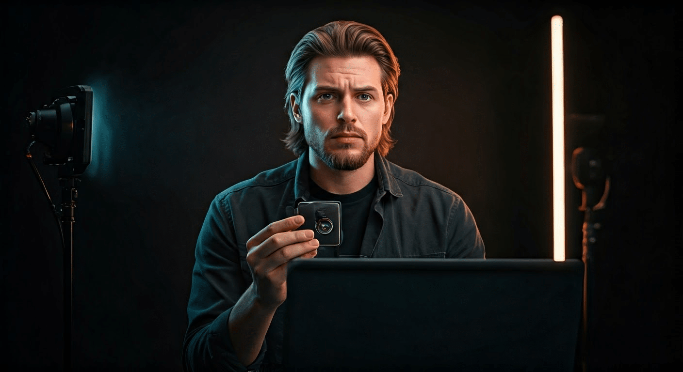 Graphic designer applying AI filter to transform a portrait photo