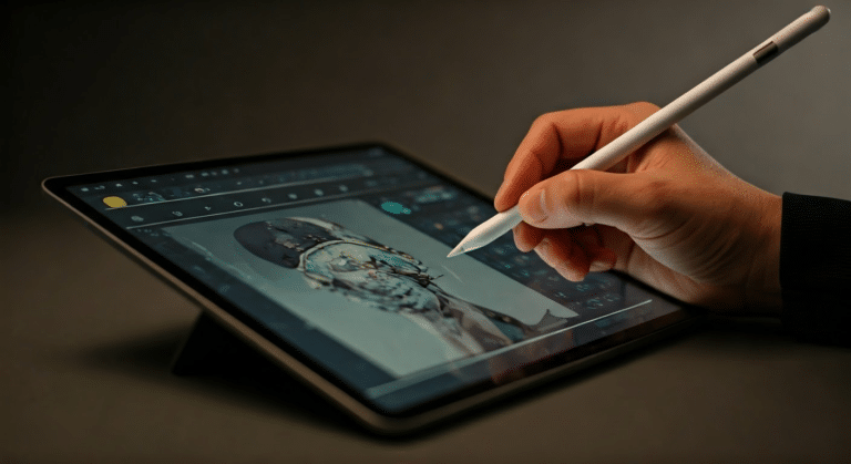 Designer actively using AI image generator on a tablet in a vibrant studio