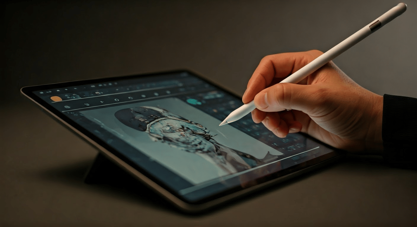 Designer actively using AI image generator on a tablet in a vibrant studio