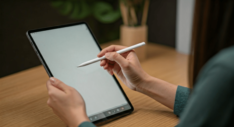 Designer using a background remover tool on a tablet for product photo enhancement