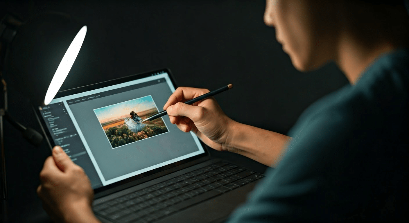 Best Ai Image Editor - A graphic designer using AI image editor software in a modern studio setting