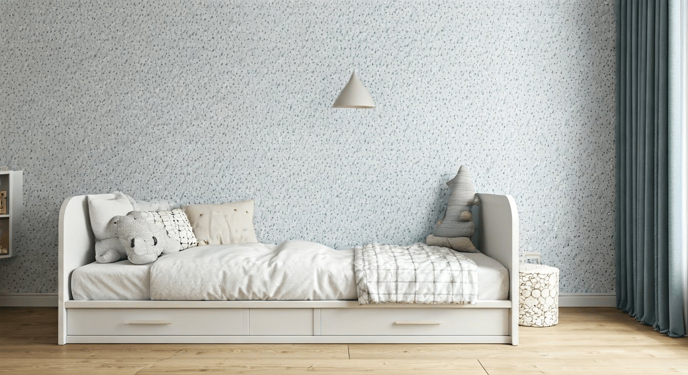 A child's bedroom featuring cute stitch wallpaper illuminated by natural sunlight