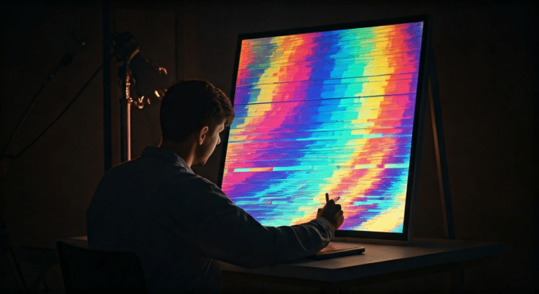 An artist in a studio using a digital tablet to create glitch art, vibrant colors