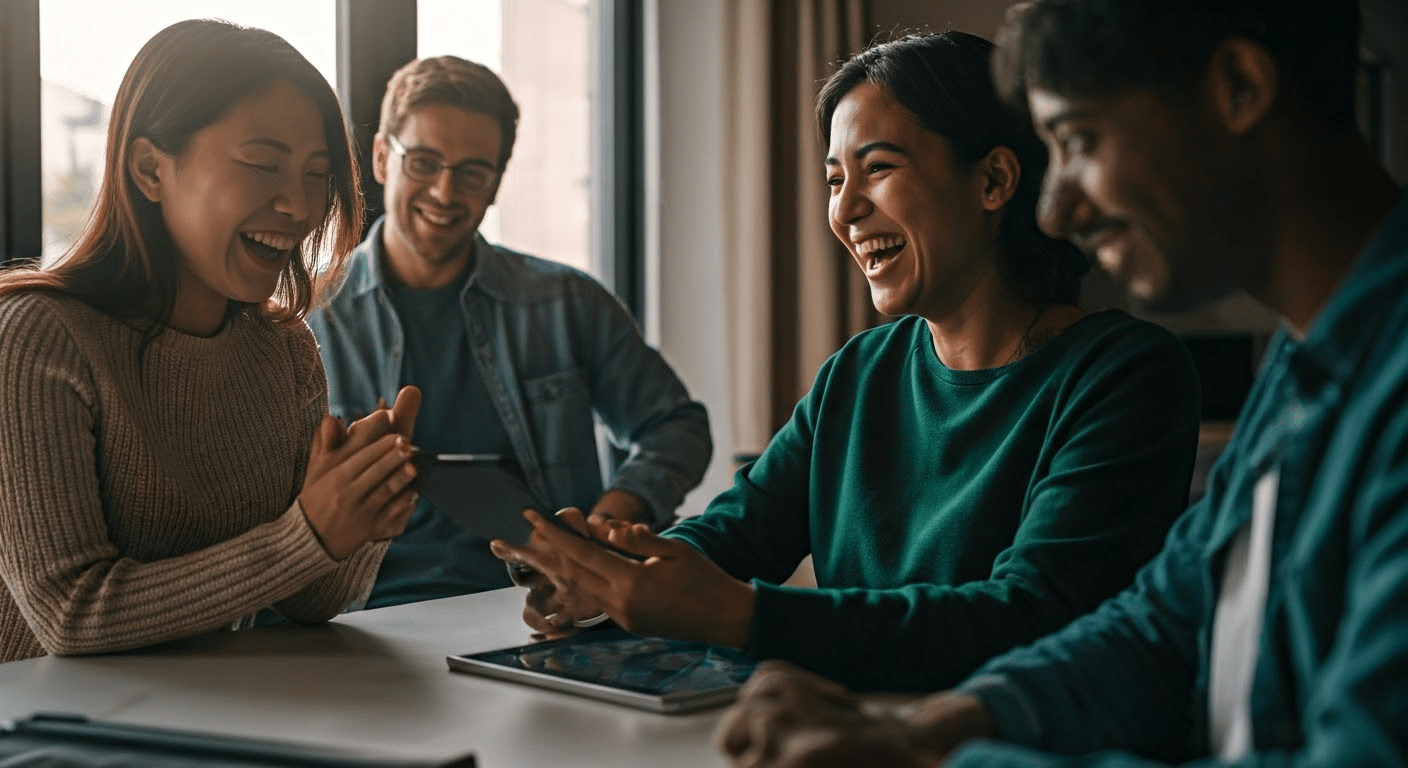 Group laughing at AI images in office