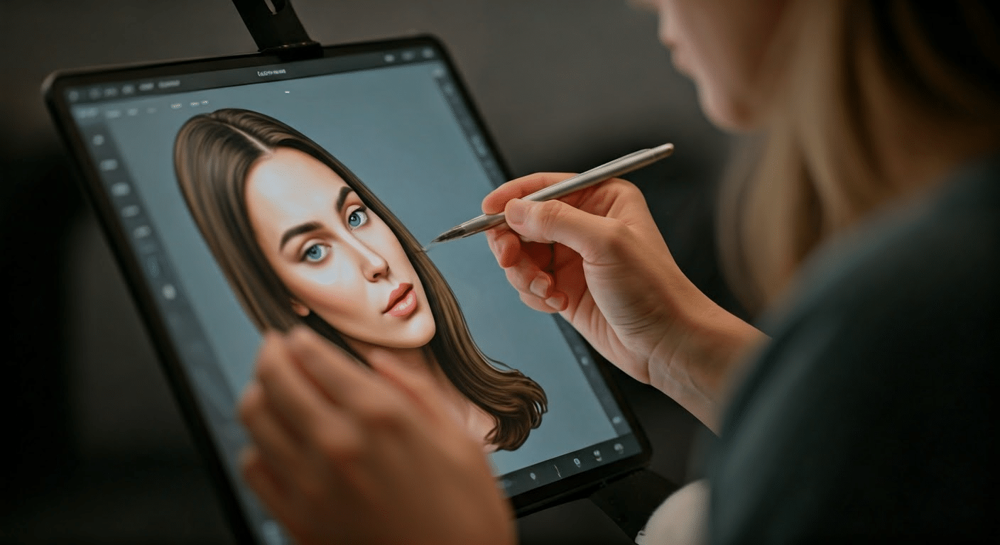 Graphic designer skillfully using liquify tool on a portrait image in Photoshop