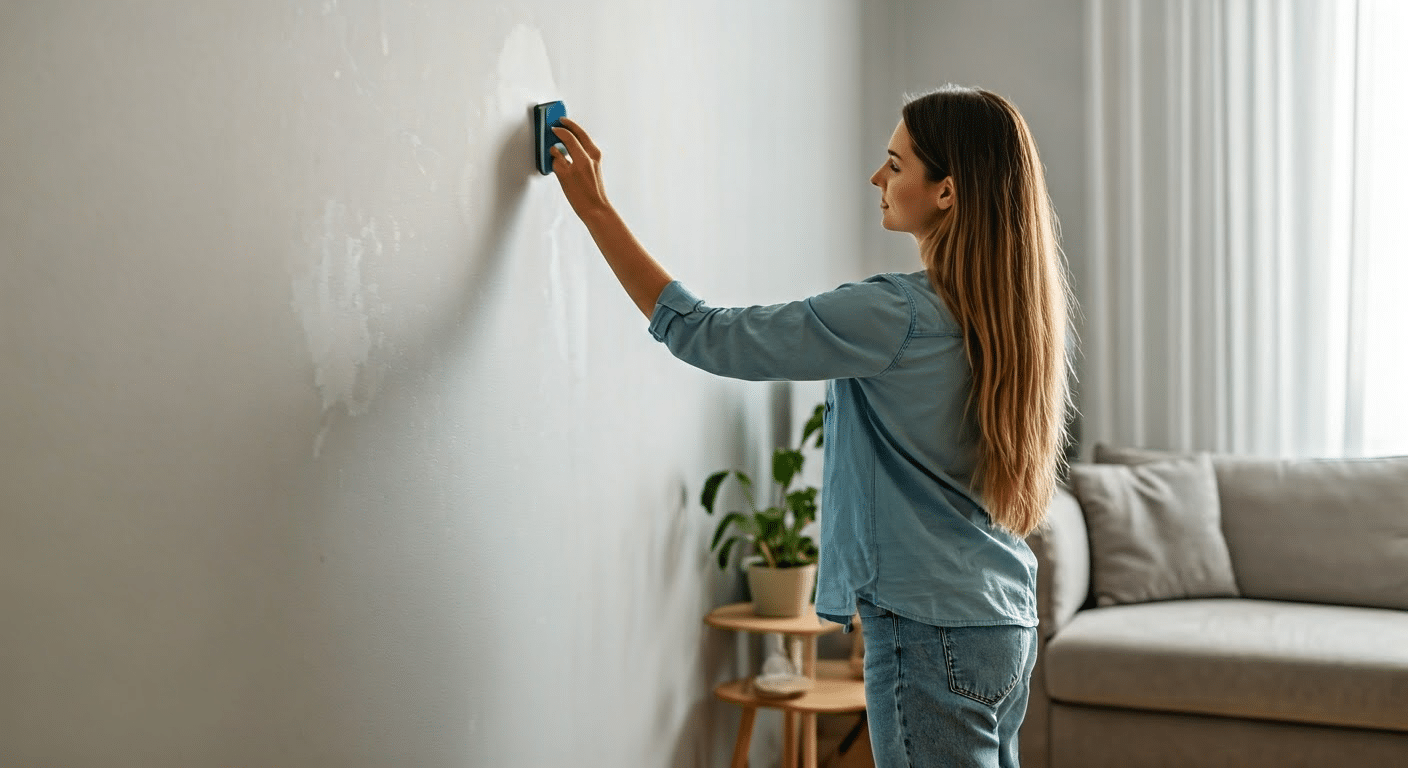 A woman uses a magic eraser to remove a stain from a wall in a stylish living room