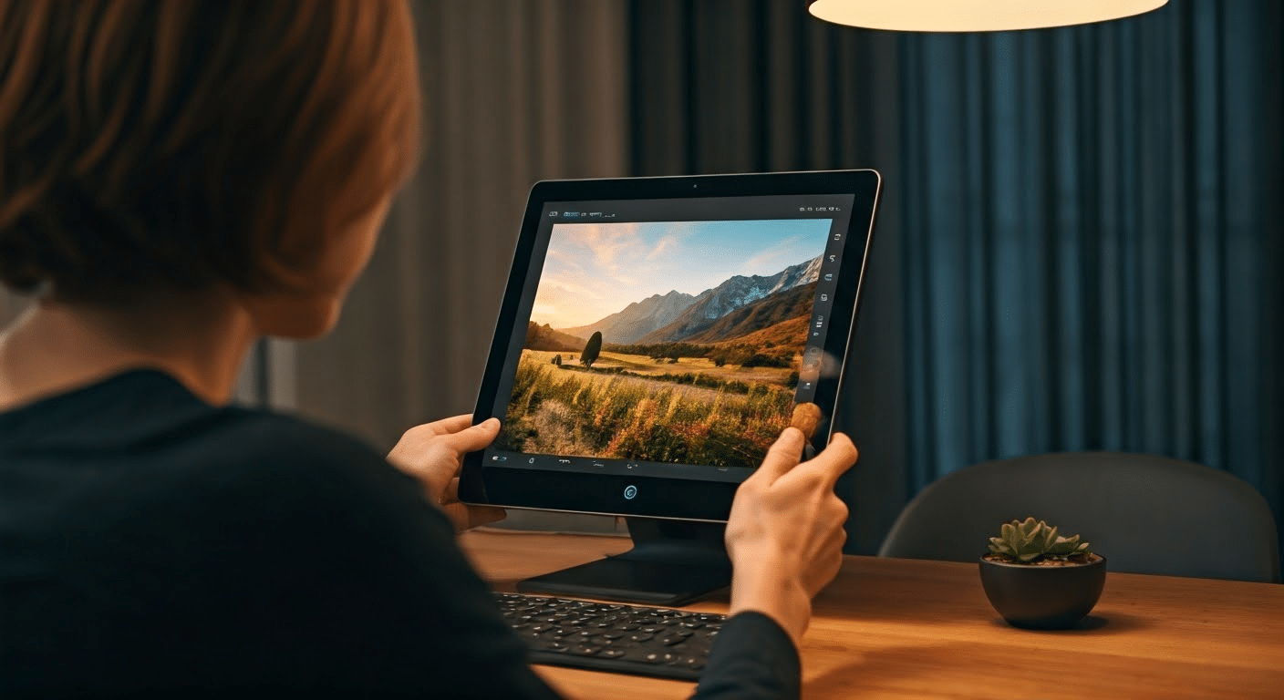 Photographer using AI upscaler to improve landscape photo quality on laptop