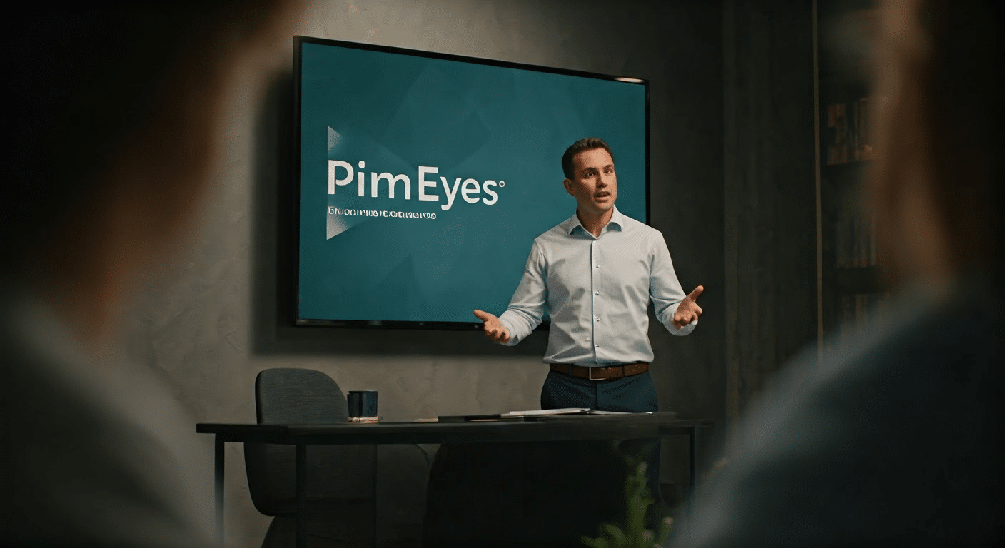 Professional explaining PimEyes in elegant office space