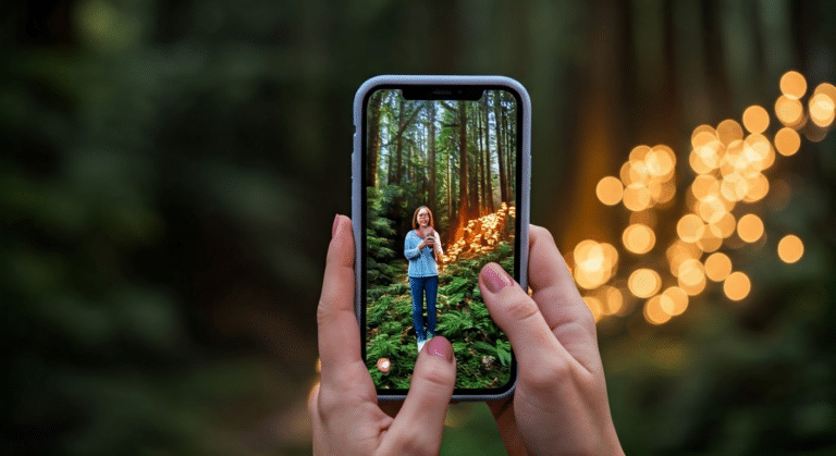 ghibli filter app - User transforming photo with Ghibli filter, forest scene