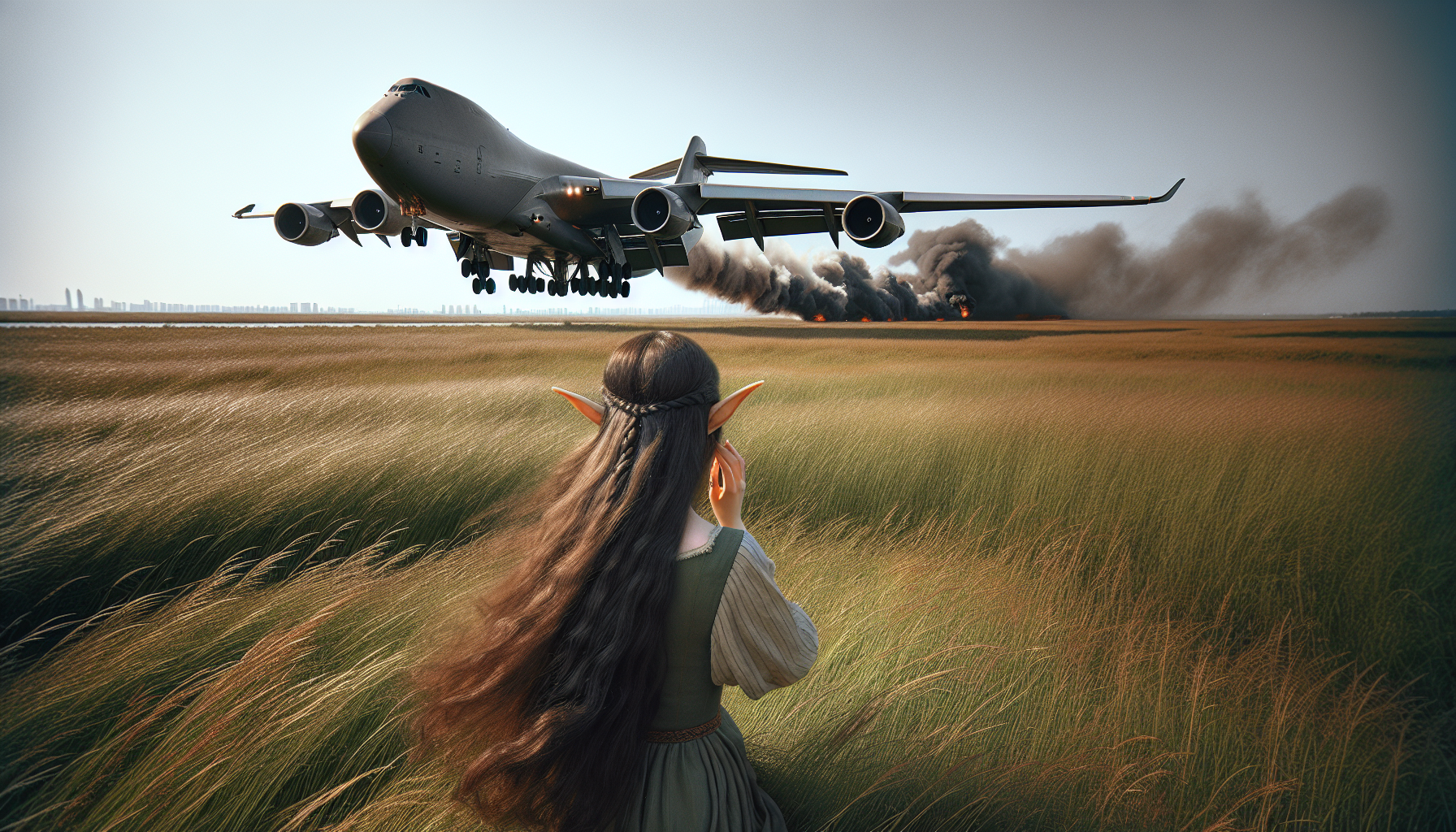 Di tempat antah berantah Seorang gadis elf melihat sebuah Pesawat kargo 747-8f melakukan pendaratan darurat disebuah padang rumput yang luas