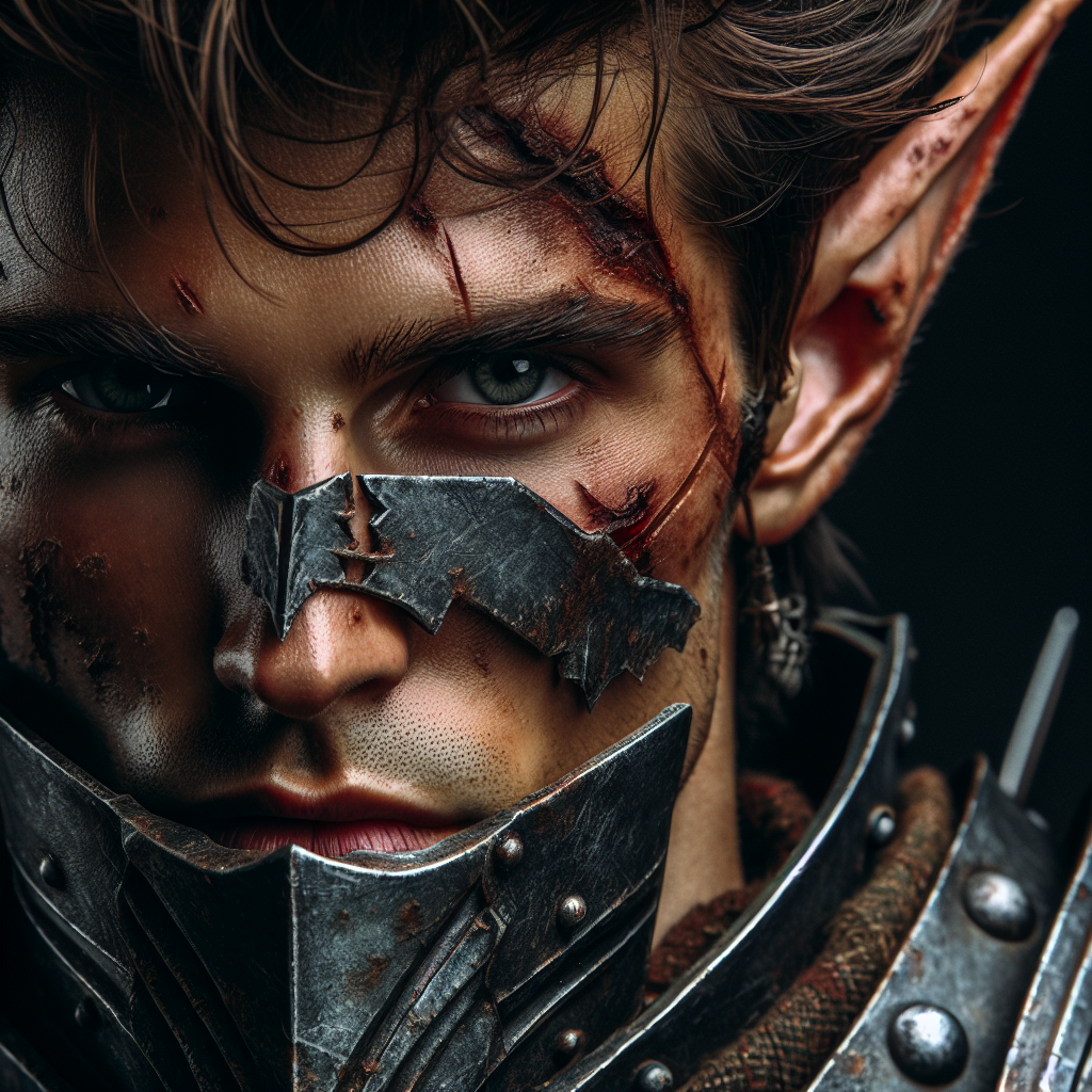 A tough youth elven warrior with facial scars and armor  half broken helmet