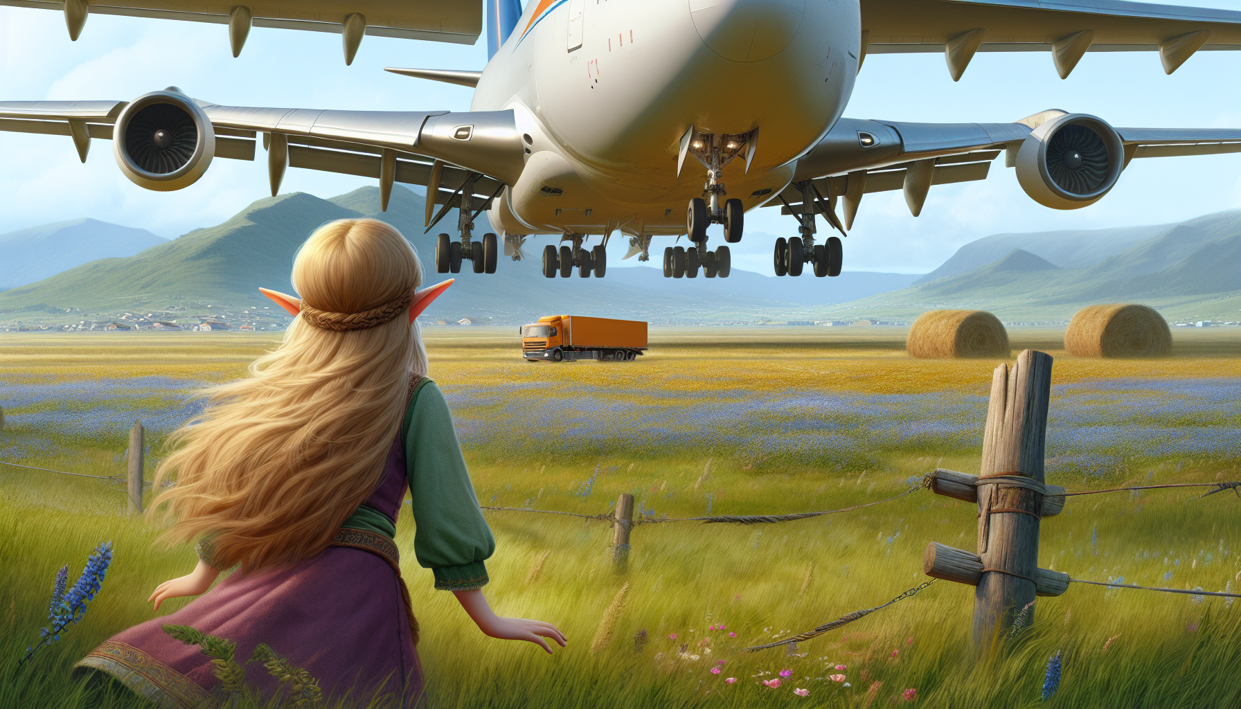 Seorang gadis elf melihat sebuah Pesawat kargo 747-8f melakukan pendaratan darurat disebuah padang rumput yang luas