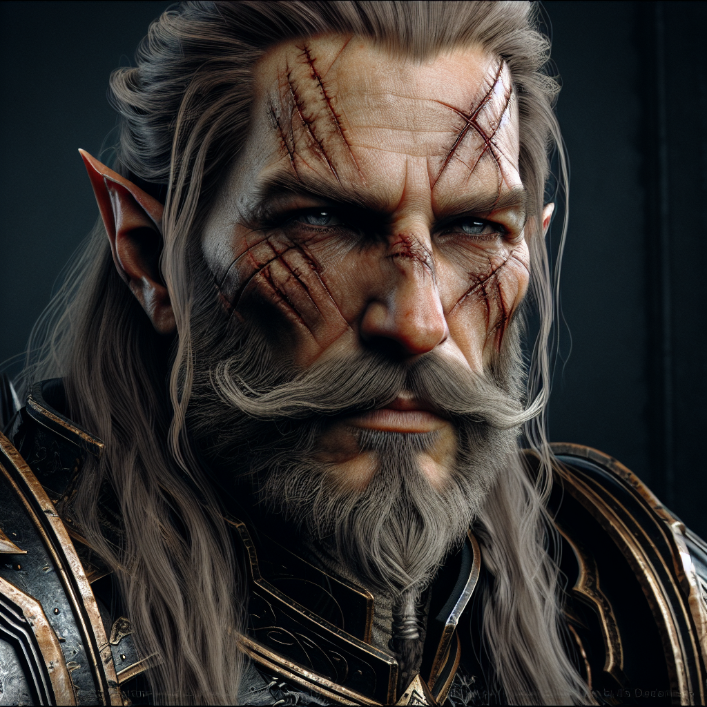 A tough beardless elven warrior with facial scars and armor