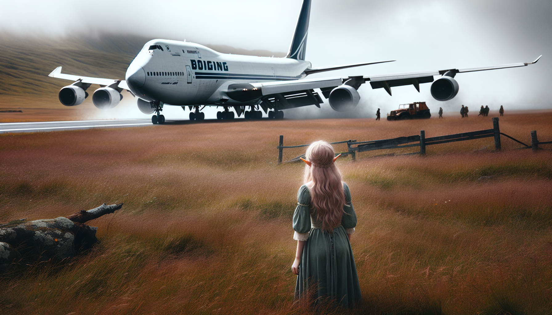Di tempat antah berantah Seorang gadis elf berdiri membelakangi kamera menghadap sebuah Pesawat kargo boeing 747-8f melakukan pendaratan darurat disebuah padang rumput yang luas
