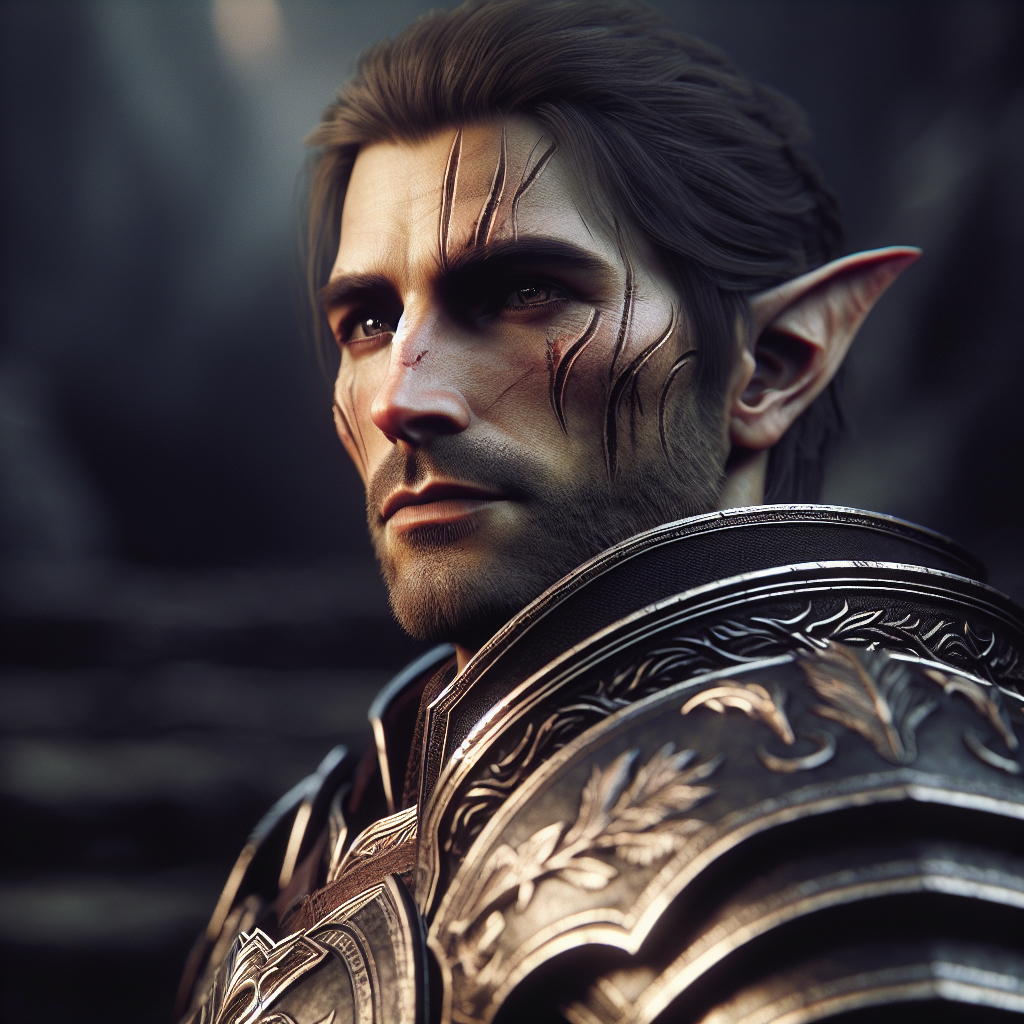 A tough elven warrior with facial scars and armor