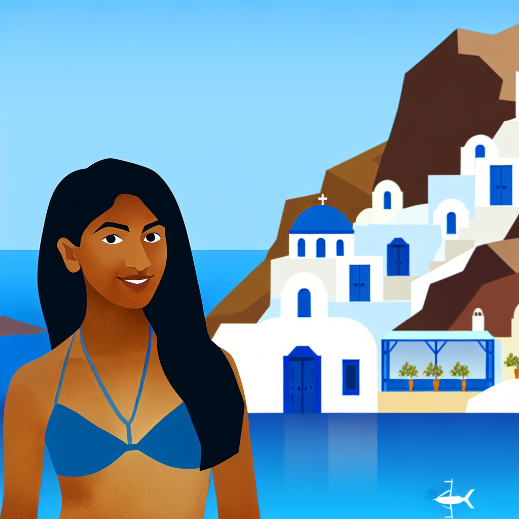 Das Bild zeigt eine Frau im Bikini, die vor einer typischen Szenerie steht, die an die Kykladeninseln in Griechenland, insbesondere Santorini, erinnert. Im Hintergrund sieht man weiße Gebäude mit blauen Türen und Fenstern, die sich auf den Hängen einer Klippe befinden. Unterhalb der Klippe erstreckt sich das ruhige blaue Meer mit einigen kleinen Booten. Der Himmel ist klar und blau, was auf gutes, sonniges Wetter schließen lässt.