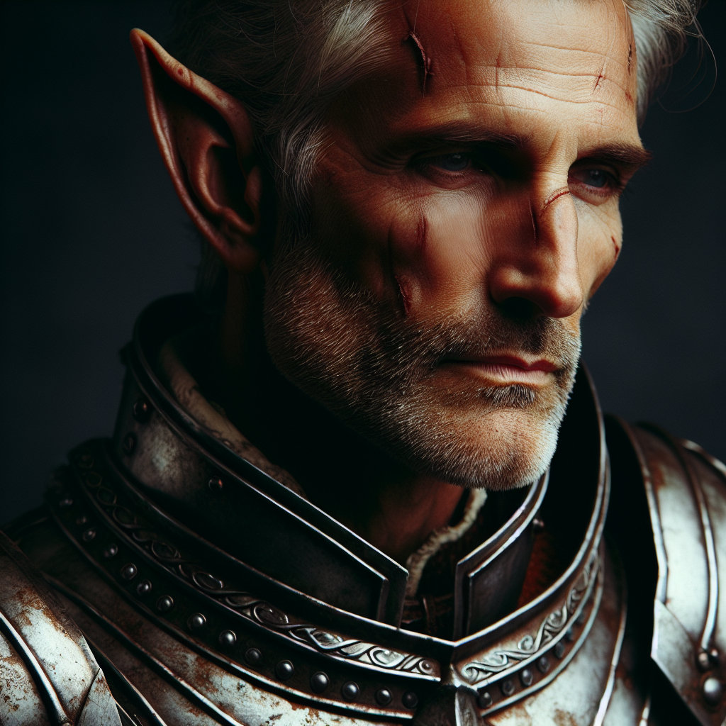 A tough middle aged elven warrior with facial scars and armor  half broken helmet