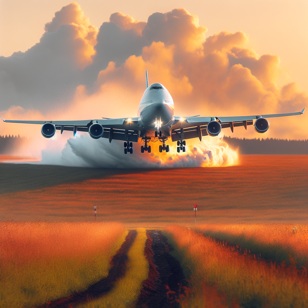 Pesawat 747-8f melakukan pendaratan darurat disebuah padang rumput yang luas